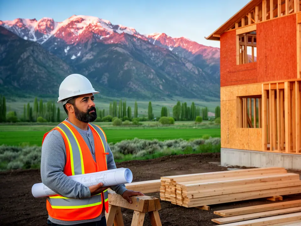 Builder in a hard hat with rolled plans beside new framing below snow-capped mountains