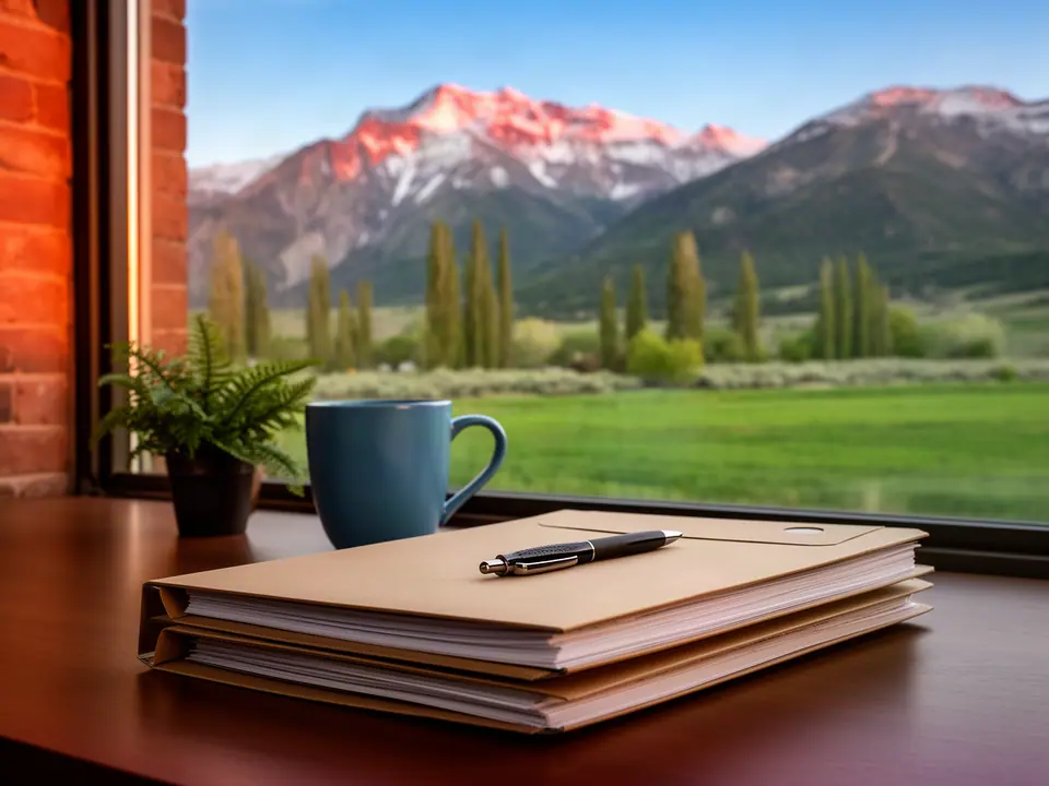 Manila folders, a pen and a blue mug on a desk by a window onto a green valley and mountains